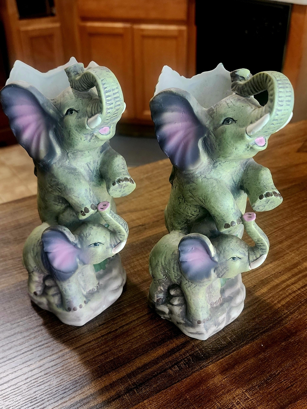Vintage and Rare. 2 Green Elephant Stack Decorative Vases with Pink Ear Accents
